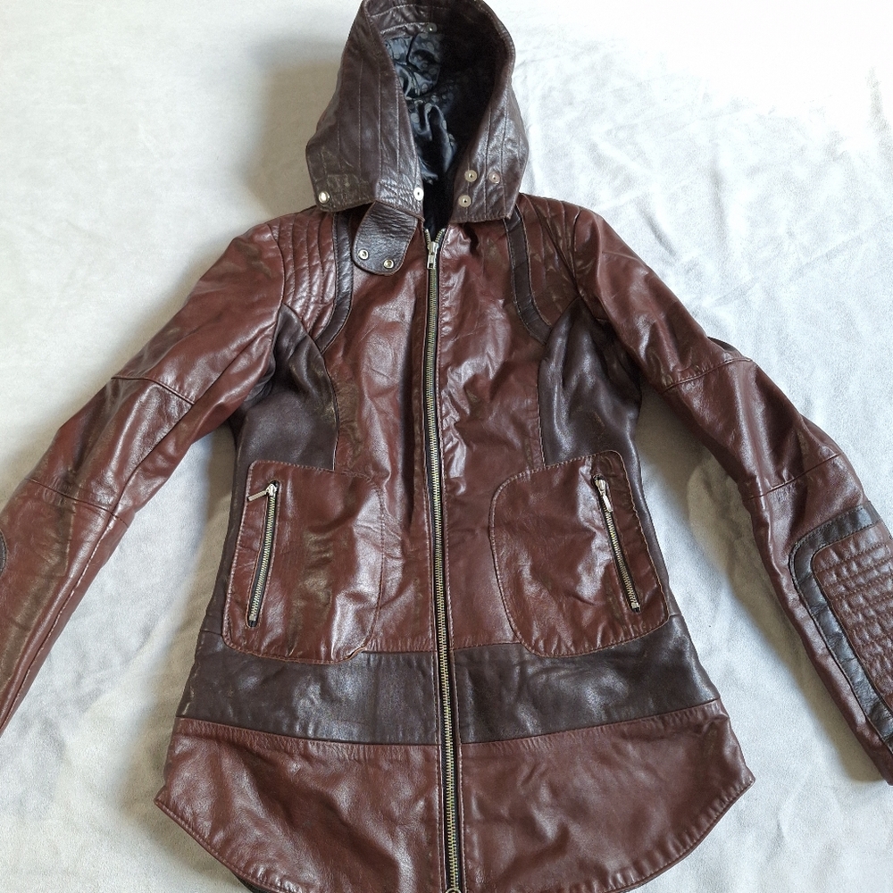 Women’s Brown Hooded Leather Jacket - Picture 2 of 12